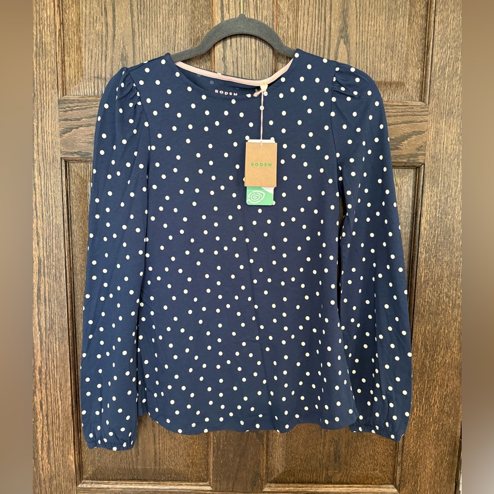 NWT Boden Navy and White Ivory Long Sleeve Polka Dot Top